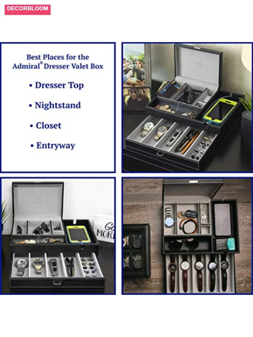Dresser Valet Box with Smartphone Charging Station, Leatherette, Faux Suede &